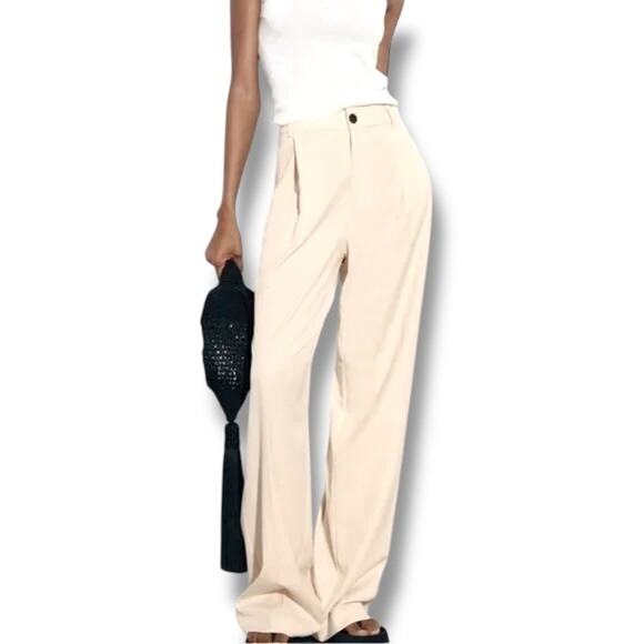 ZARA 7385/600/712 Ivory Wide-Leg Pants S 26 | 33" Inseam High Rise 2 Pockets - Picture 8 of 8